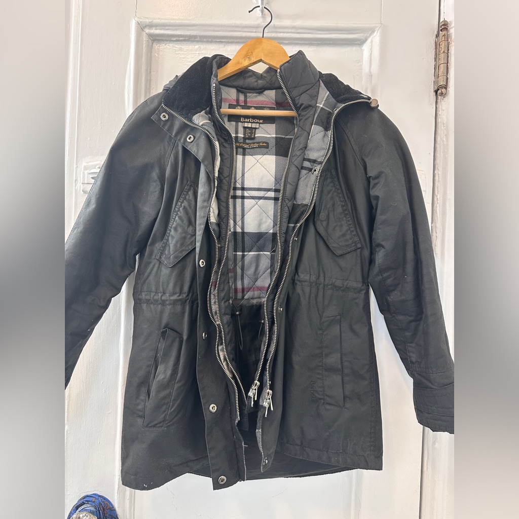 Rare Barbour Heath Waxed Cotton Jacket In Black With Tartan